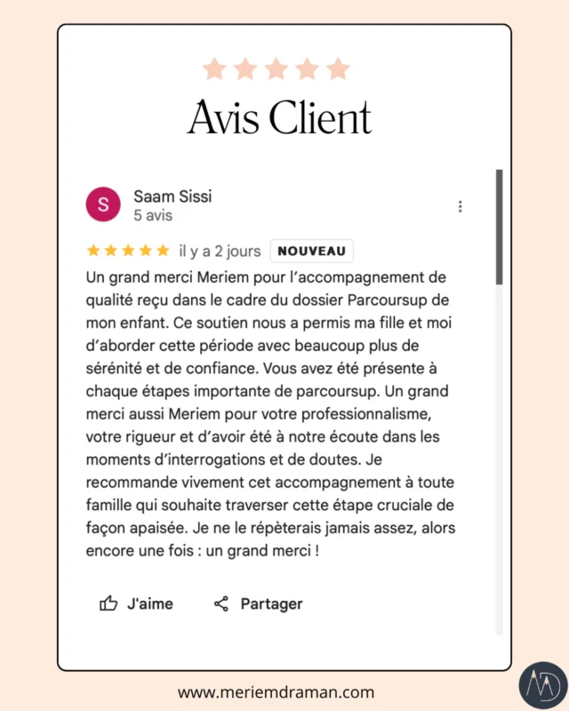 📬 𝗥𝗲𝘁𝗼𝘂𝗿 𝗱𝘂 𝗳𝗿𝗼𝗻𝘁… 𝗣𝗮𝗿𝗰𝗼𝘂𝗿𝘀𝘂𝗽 !

Parfois, dans le tumulte des vœux, des sous-vœux, des lettres de motivation et des “Mais maman, je sais pas ce que je veux faire de ma vie !”, il y a des messages qui tombent… et qui me touchent profondément. 💌

❤️Et en voici un magnifique ! Je viens de le recevoir sur mon compte Google My Business il y a 48h.

🙏𝗔𝗹𝗼𝗿𝘀 𝗮̀ 𝗺𝗼𝗻 𝘁𝗼𝘂𝗿 𝗱𝗲 𝗱𝗶𝗿𝗲 𝗺𝗲𝗿𝗰𝗶. Merci à toutes les familles qui me font confiance pour les guider dans cette grande aventure.

👌Parcoursup, ce n’est pas juste une plateforme. C’est une montagne russe émotionnelle, une boussole qu’il faut parfois recadrer, et souvent… une occasion d’avancer ensemble.

🎯 𝗠𝗼𝗻 𝗼𝗯𝗷𝗲𝗰𝘁𝗶𝗳 ? Que les jeunes avancent avec clarté, que les parents respirent, et que tout le monde ressorte de cette étape un peu plus confiant.

𝗝𝗲 𝗺’𝗮𝗽𝗽𝗲𝗹𝗹𝗲 𝗠𝗲𝗿𝗶𝗲𝗺 𝗗𝗿𝗮𝗺𝗮𝗻, 𝗷𝗲 𝘀𝘂𝗶𝘀 𝗰𝗼𝗻𝘀𝗲𝗶𝗹𝗹𝗲̀𝗿𝗲 𝗱’𝗼𝗿𝗶𝗲𝗻𝘁𝗮𝘁𝗶𝗼𝗻 𝘀𝗰𝗼𝗹𝗮𝗶𝗿𝗲 𝗶𝗻𝗱𝗲́𝗽𝗲𝗻𝗱𝗮𝗻𝘁𝗲 (𝗼𝘂 𝗖𝗢𝗦𝗜) 𝗱𝗲𝗽𝘂𝗶𝘀 𝟮𝟬𝟭𝟵, 𝗳𝗼𝗿𝗺𝗮𝘁𝗿𝗶𝗰𝗲 𝗽𝗼𝘂𝗿 𝗮𝗱𝘂𝗹𝘁𝗲𝘀 𝗱𝗲𝗽𝘂𝗶𝘀 𝟮𝟬𝟮𝟮 𝗲𝘁 𝗽𝗿𝗲́𝘀𝗶𝗱𝗲𝗻𝘁𝗲 𝗱𝗲 𝗹’𝗮𝘀𝘀𝗼𝗰𝗶𝗮𝘁𝗶𝗼𝗻 𝗱𝗲𝘀 𝗖𝗢𝗦𝗜 𝗱𝗲𝗽𝘂𝗶𝘀 𝟮𝟬𝟮𝟰.

A bientôt !

#parcoursup #parcoursup2025 #orientationscolaire #orientationpostbac #assocosi #meriemdraman #conseilenorientation #conseilsparcoursup #conseilenorientationscolaire #devenirconseillèredorientations