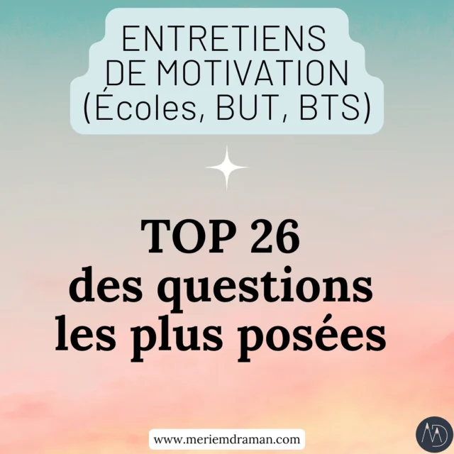 🎓 C’est la saison des « Entretiens de motivation » ! 

Quelles sont ces fameuses questions que tout élève de terminale redoute… et qu’il vaut mieux préparer?

À l’approche des oraux pour les IUT, écoles ou BTS sélectifs, les jeunes se retrouvent souvent face à des questions parfois simples… mais jamais si faciles à formuler à chaud.

Voici une liste des questions les plus courantes, à lire, relire, et pourquoi pas, à jouer en mode jeu de rôles avec un parent, un copain, ou son conseiller d’orientation préféré 😉

Entraînez-vous ! C’est le secret de la réussite. 🎊

N’hésitez pas à compléter cette liste dans les commentaires.

À bientôt 👋 

PS: si vous souhaitez être accompagné, entraîné par un PRO des oraux, contactez-moi car je peux vous trouver une perle dans mon association des COSI.

#priseseparole #prisedeparoleenpublic #orauxdemotivation #entretiensdemotivation #parcoursup2025 #parcoursup #orientationpostbac #bac2025 #grandoral #meriemdraman #assocosi